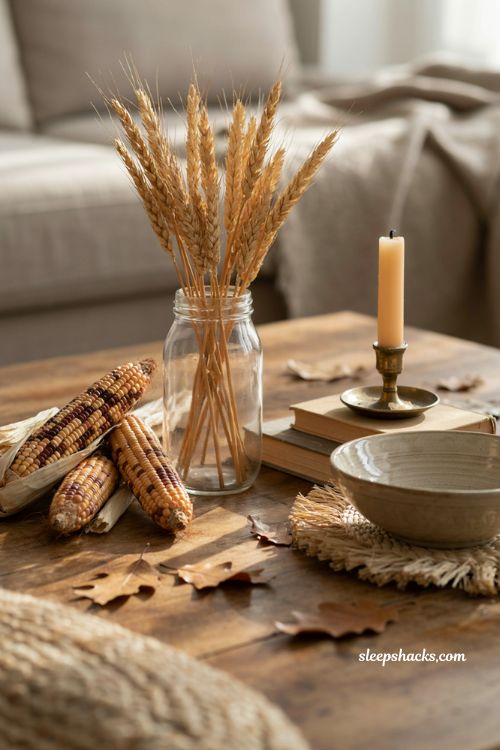 Indian corn and wheat in glass jar boho fall coffee table decor with natural textures