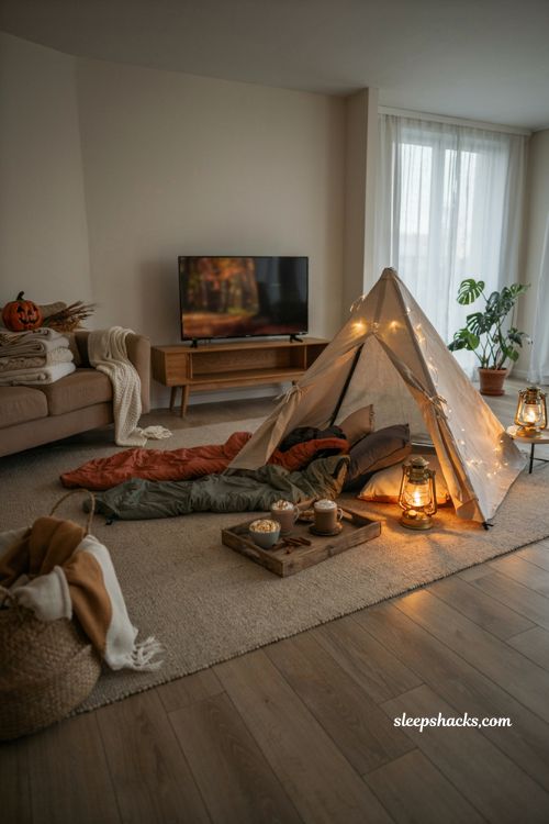 Indoor campsite setup with sleeping bags lanterns and fall sleepover decor 