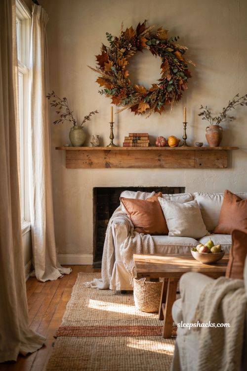 Indoor fall wreath ideas for a cozy living room with warm autumn decor