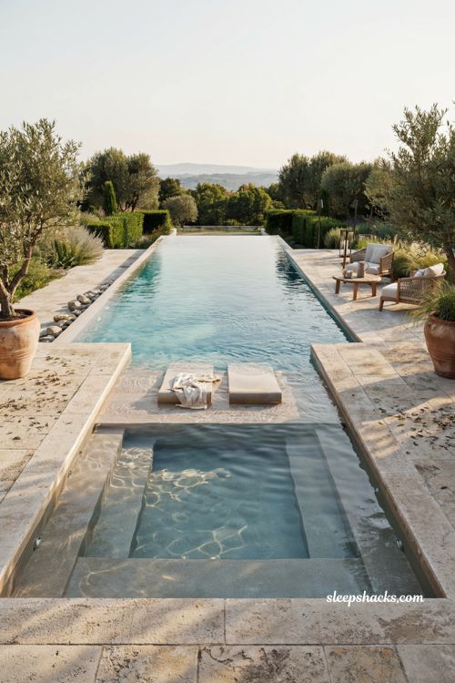 Infinity pool with sun shelf for family backyard ideas