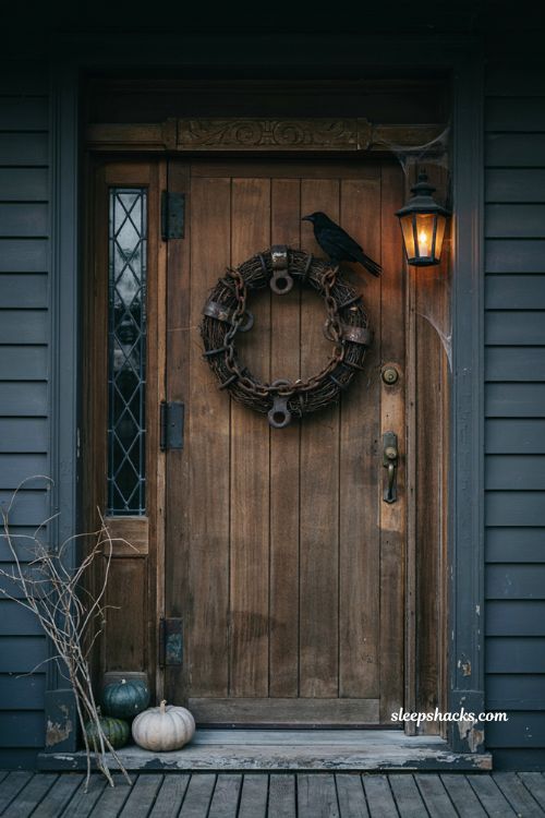 Iron shackle Halloween wreath with heavy chain and black crow gothic decor