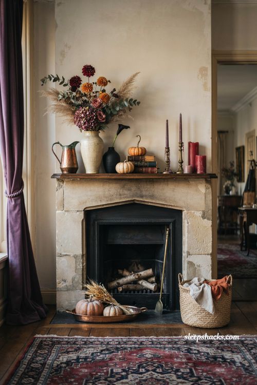 Jewel tone Halloween fireplace decor with amethyst ruby candles and copper accents