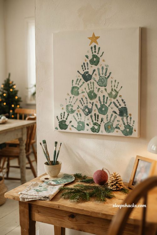 Kid friendly Christmas handprint tree painting on canvas with handmade holiday keepsake