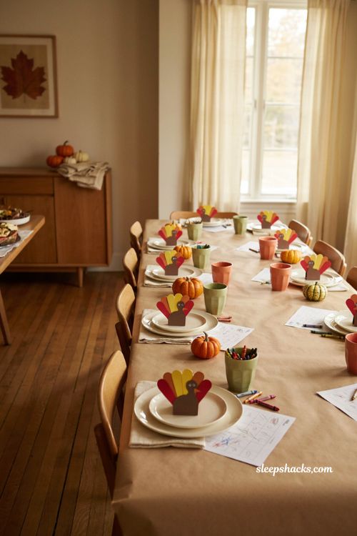 Kids Thanksgiving butcher paper table with crayons paper turkey crafts mini pumpkins and cozy autumn place settings 