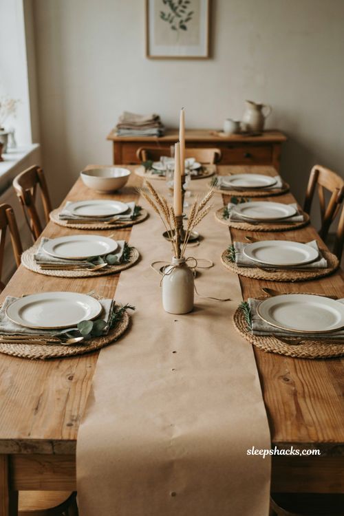 Kraft paper Thanksgiving table runner with woven placemats greenery sprigs cream dishes and casual farmhouse decor 