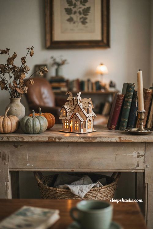 Laser cut LED haunted house Halloween mantel decor with cozy autumn glow