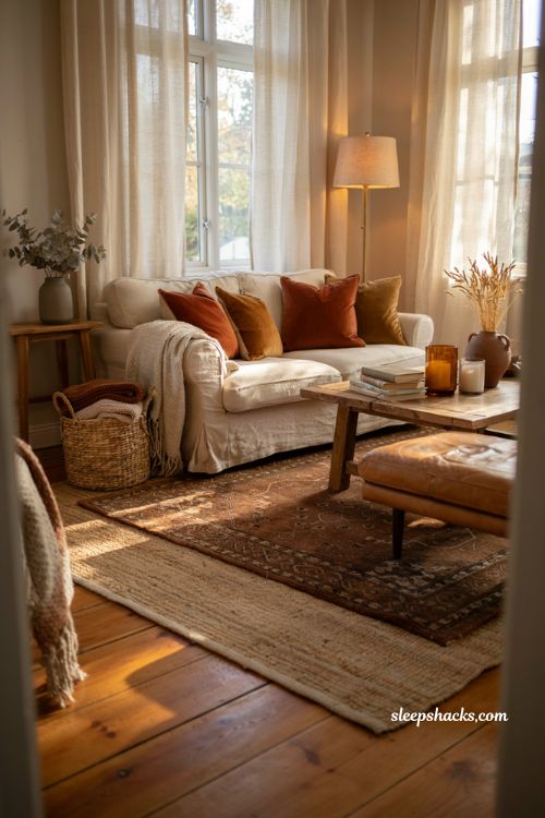 Layered area rug ideas for a cozy fall living room with warm autumn texture