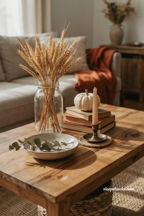 Layered boho fall coffee table vignette with wheat jar books pumpkin and candle