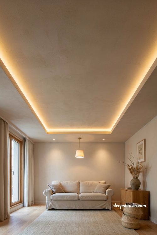 Layered down ceiling with cove lighting warm led glow and modern hall interior design