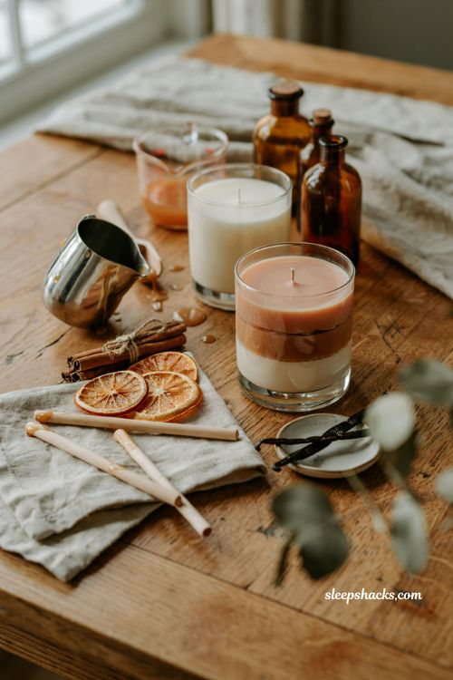 Layered fall candle with three scented wax colors for DIY autumn candle making
