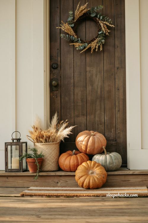 Layered fall entryway pumpkins in varying sizes with white orange and green heirloom pumpkins