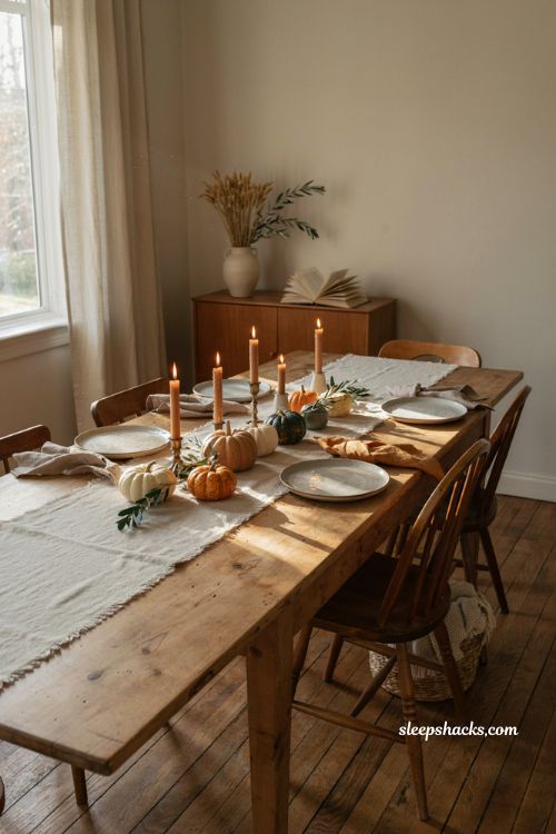 Layered fall table runner with low pumpkin centerpiece candles greenery and cozy dining room decor