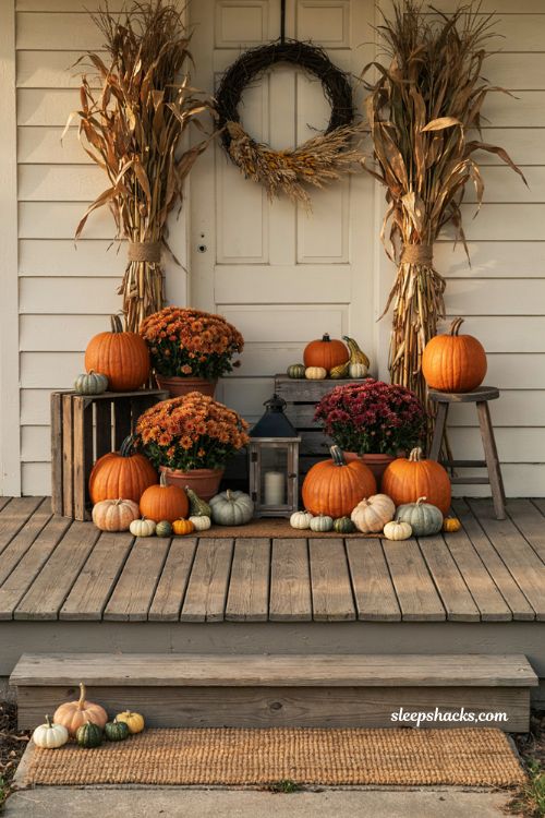 Layered front porch harvest display with pumpkins cornstalks rust mums and farmhouse fall decor