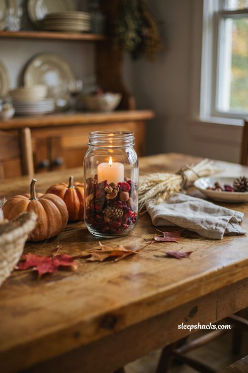 Layered harvest mason jar with cranberries nuts pinecones and candle
