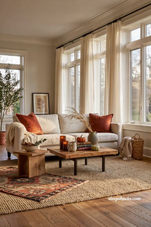 Layered jute rug ideas for a cozy fall living room with warm autumn textures