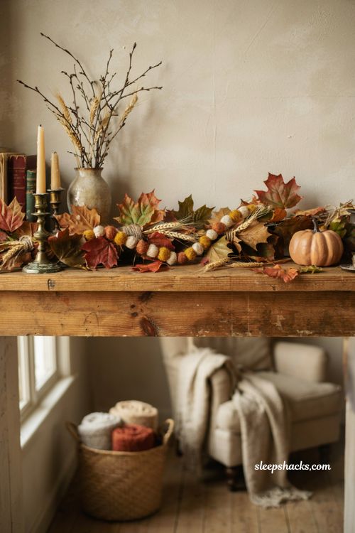 Layered mixed material fall garland for cozy farmhouse mantel decor