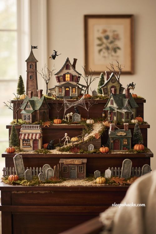 Layered multi tier Halloween village display with haunted houses and pumpkins 