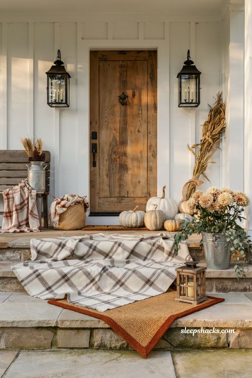 Layered outdoor rug ideas for a cozy farmhouse fall front porch entrance