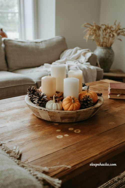 Layered pillar candles in wooden tray with pinecones and mini pumpkins