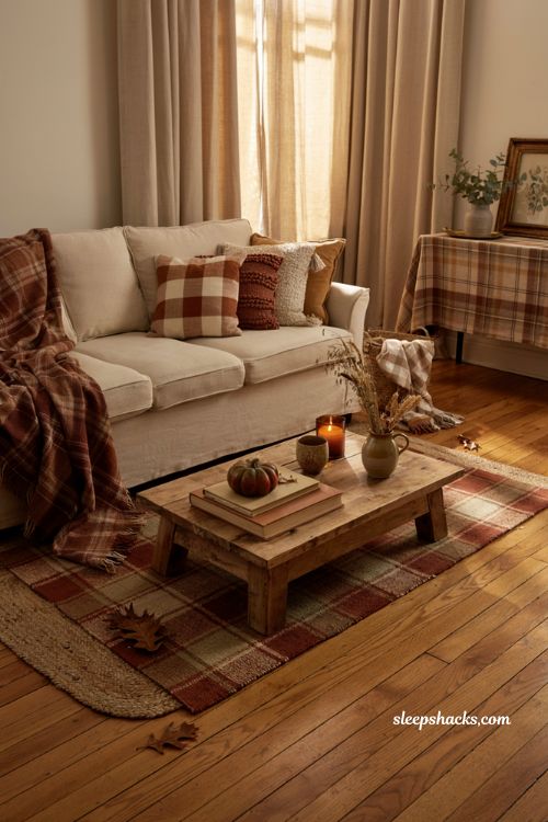 Layered plaid textile ideas for cozy indoor fall living room decor
