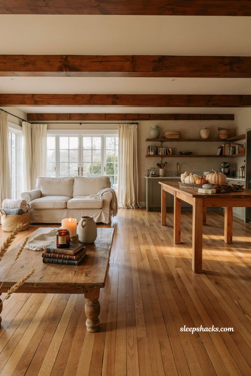 Layered pumpkin candle styling across a cozy farmhouse living room and kitchen for warm fall home decor