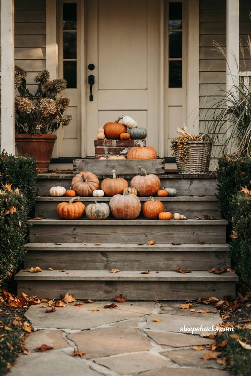 Layered pumpkin fall decor with orange white and green pumpkins stacked crates gourds and rustic farmhouse porch 
