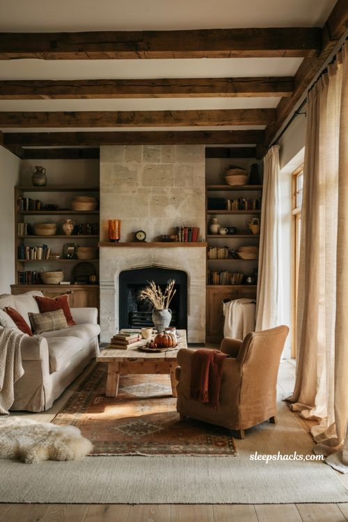Layered rugs for cozy fall living room with warm textured farmhouse decor