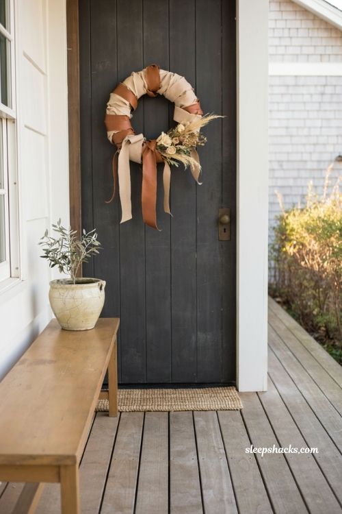 Leather strip wreath with dried florals for minimalist vintage fall decor