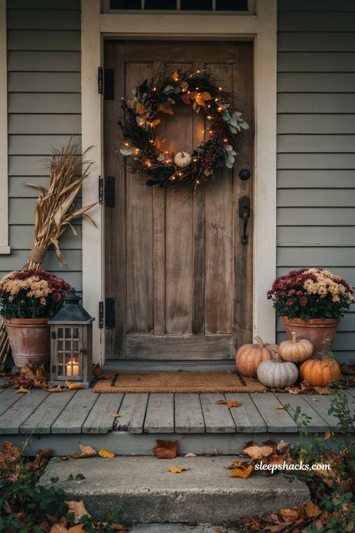 Light up Halloween wreath with warm lights on a farmhouse front door