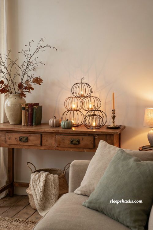 Light up wire pumpkins Halloween decor for a cozy small living room