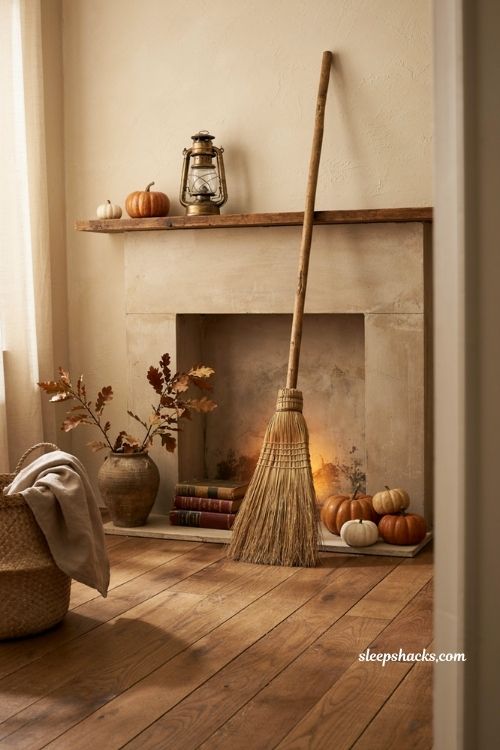 Lit broom Halloween decor with cozy fireplace and elegant autumn entryway styling