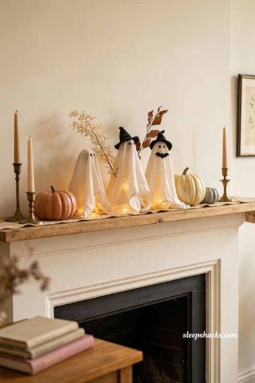 Lit ghost Halloween decor with cozy mantel styling and soft glowing accents
