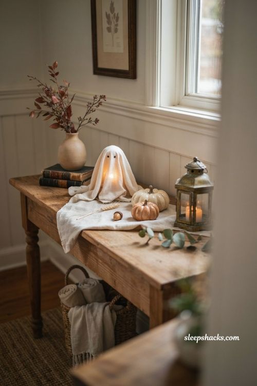 Lit ghost dog Halloween decor with cozy entryway styling and warm glow