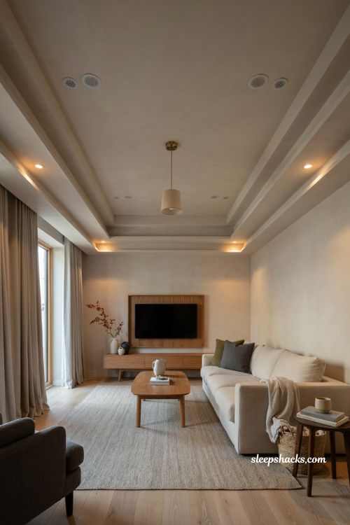 Living room fall ceiling with integrated speakers hidden wiring warm lighting and modern media room design