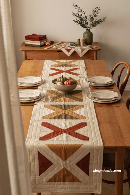 Love for autumn quilted table runner with modern X and O pattern rust olive and cream dining table