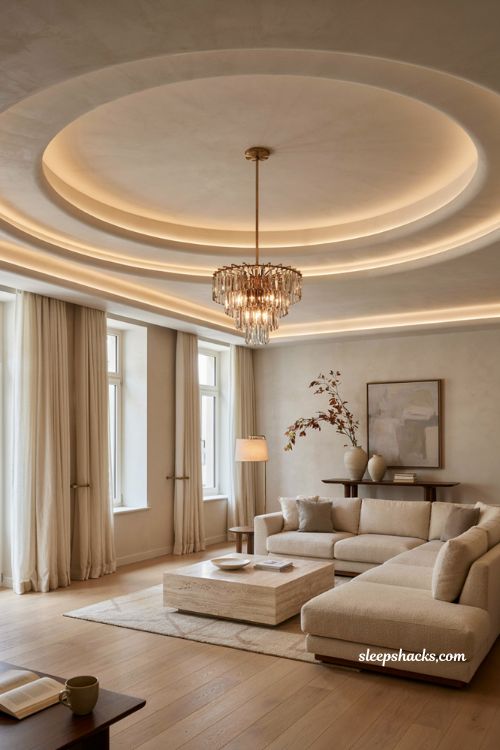 Luxury multi tier fall ceiling with chandelier layered lighting and grand living hall design
