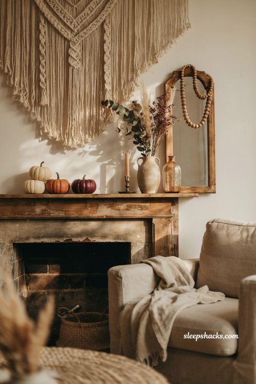 Macrame and wood bead boho fall decor with burgundy pumpkins and dried florals