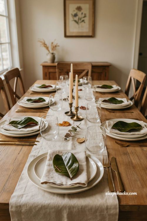 Magnolia leaf Thanksgiving place card with white linen napkins green leaves cream plates and elegant natural table decor 