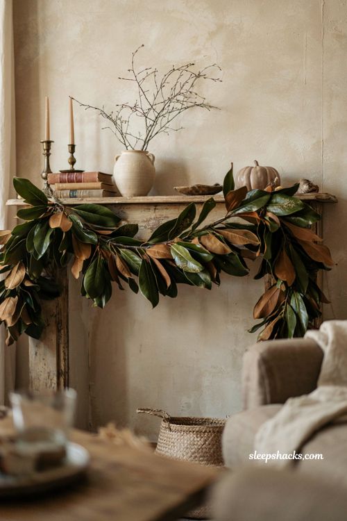 Magnolia leaf fall garland with deep green and brown foliage