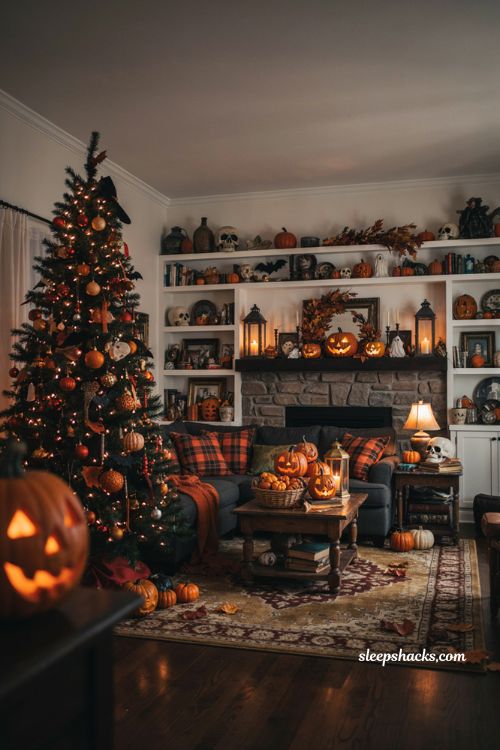 Maximalist Halloween living room decor with decorated tree, jack o lanterns, orange and black pillows 