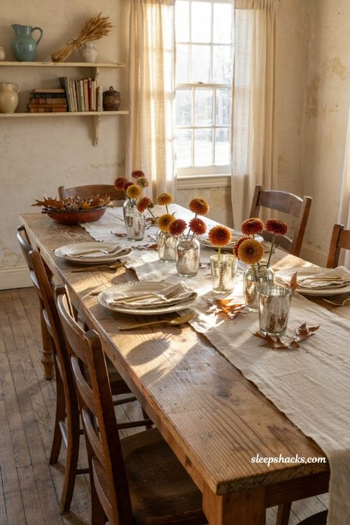 Mercury glass votives with mini mums for vintage fall table centerpiece