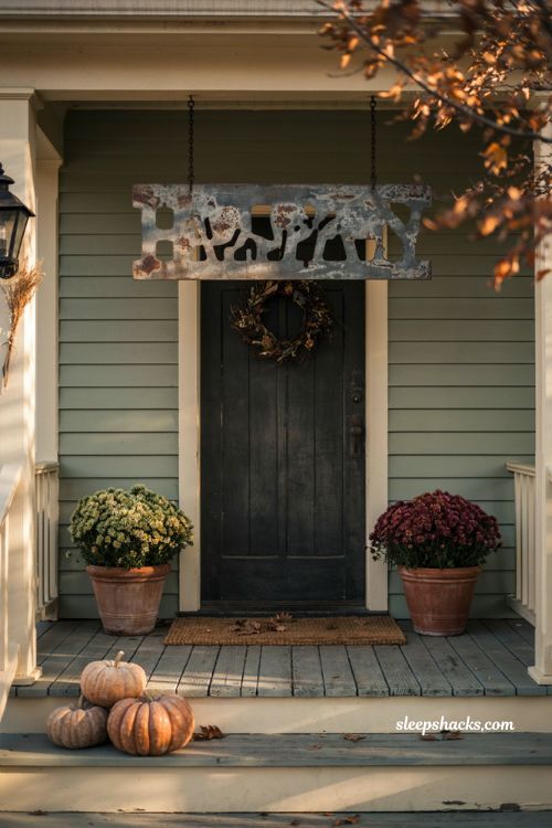 Metal Halloween porch sign above a farmhouse door with pumpkins and mums