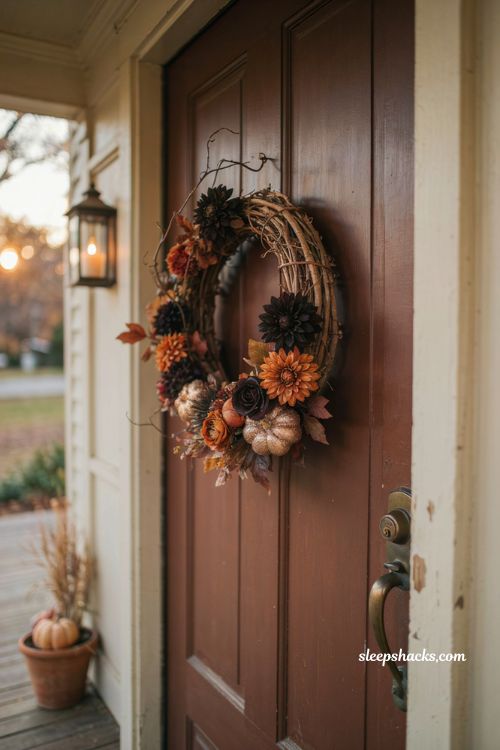 Metallic Falloween wreath burnt orange black pumpkins autumn front door decor