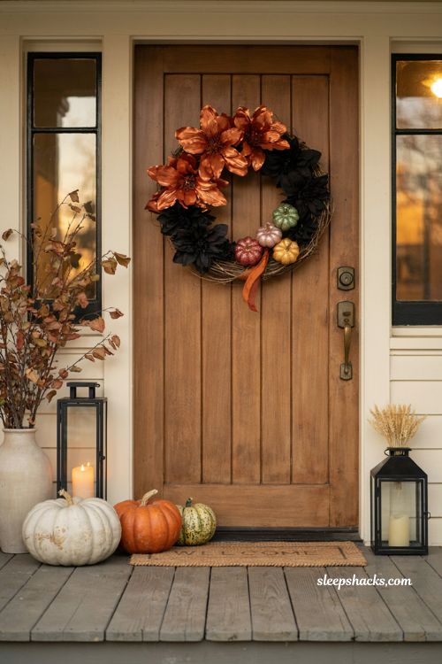 Metallic orange and black Halloween wreath with glitter pumpkins and fall decor