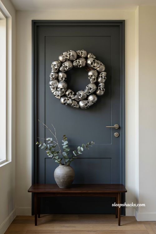 Metallic skull wreath with gunmetal skulls modern gothic Halloween door decor 