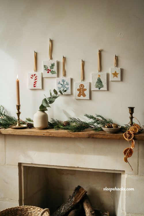 Mini canvas Christmas ornament garland with handmade holiday paintings