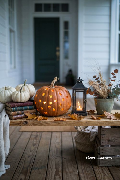 Mini cat silhouette pumpkin design with soft glowing lights for a modern farmhouse Halloween porch