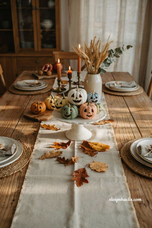 Mini colored pumpkin centerpiece idea with easy carved faces for a cozy Halloween table decor