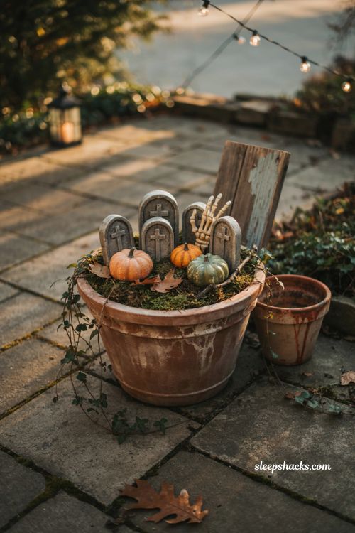 Mini graveyard in planters for patio halloween decorating