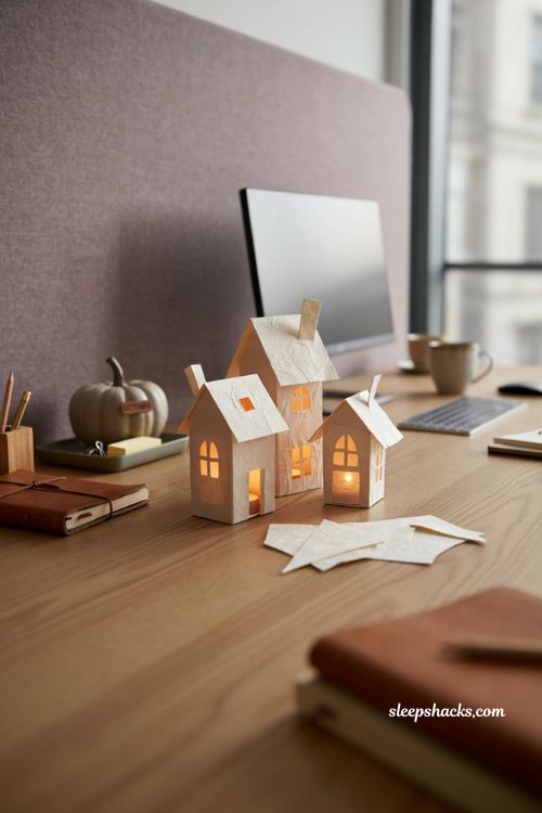 Mini haunted house tea light holders for cozy office Halloween desk decor